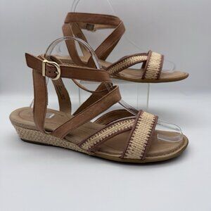 Born Cascade Sandals Shoes Womens Size 9 Brown Leather Raffia Strappy Wedge